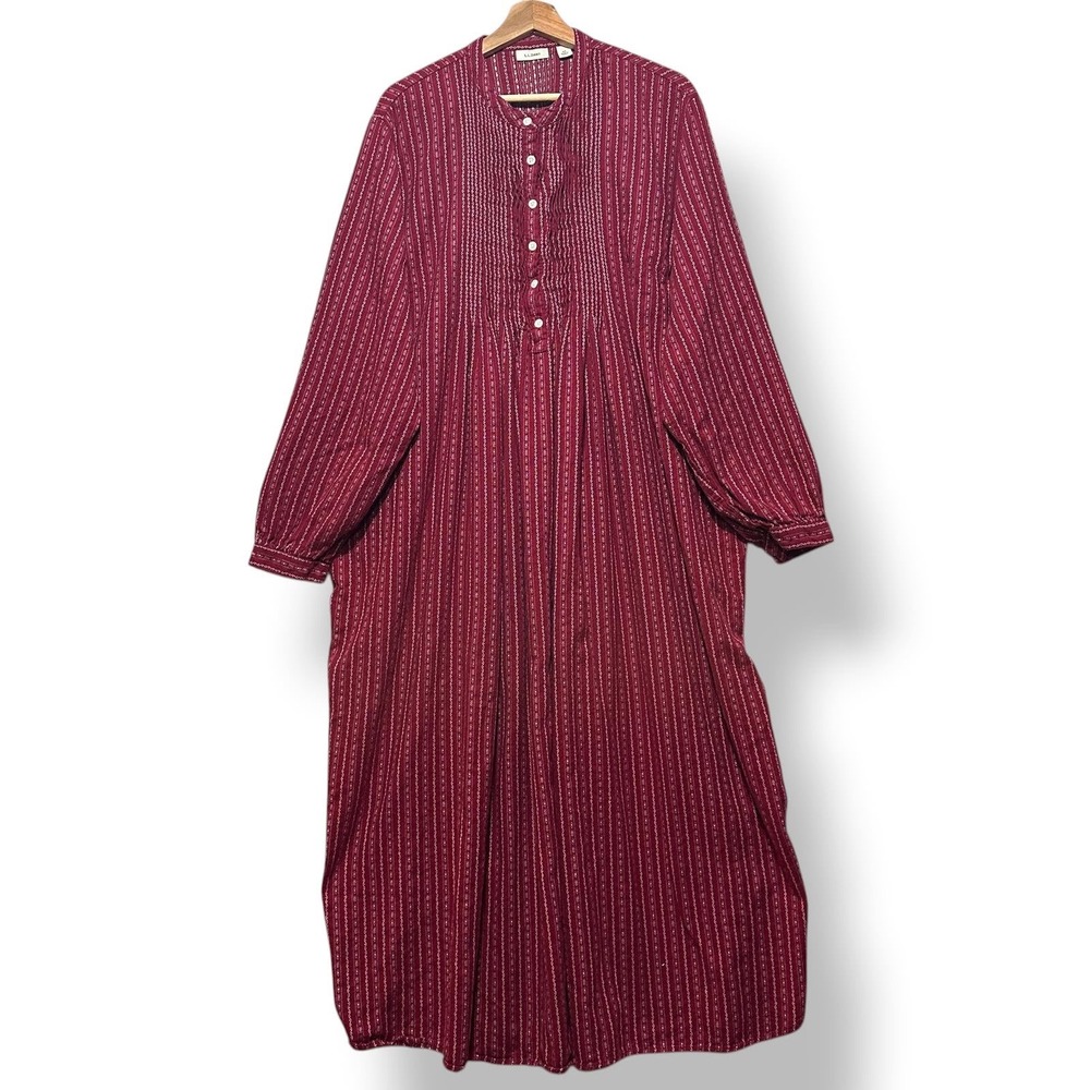 Vintage LL Bean Dobby Pintuck Flannel Red Cottagecore Prairie 3X Maxi Nightgown